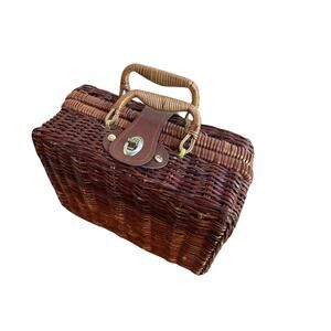 Vintage Brown Rattan Box Purse / Wicker Picnic Basket Case -